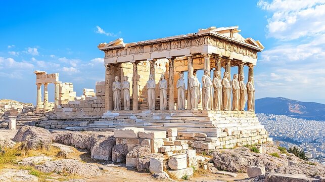 Cariatides Porch, Erechtheion on Acropolis of Athens against blue sky. Athens, Greece. Stock photo