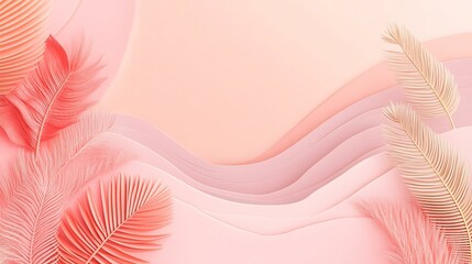Abstract Pink and White Paper Background with Palm Leaves and Feathers