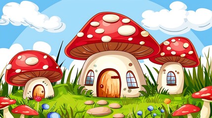 Cartoon Illustration of a Mushroom House in a Grassy Field
