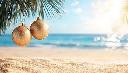 Obraz premium A tranquil beach scene featuring golden Christmas ornaments hanging from palm leaves, with a sunlit ocean in the background.