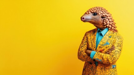 A man in a yellow suit with a lizard head and a blue shirt