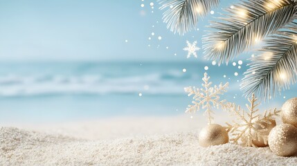 A serene beach scene adorned with palm branches, festive decorations, and twinkling lights, blending holiday spirit with a tropical atmosphere.