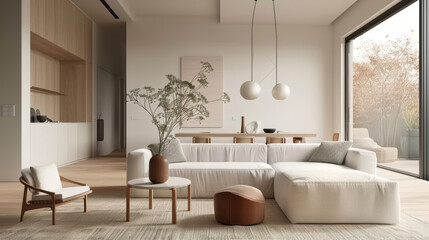Fototapeta premium A minimalist open space featuring clean design with soft colors, showcasing cozy living area with sectional sofa, round coffee table, and natural elements like plants. large windows invite natural lig