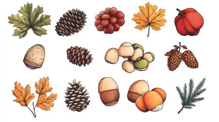 A set of hand-drawn acorns, pine cones, and chestnuts in earthy tones on a white background, vector illustration, cute doodle art style, flat design, clipart, vector graphics, vector illustrations