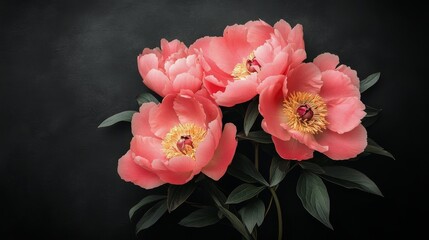 Delicate pink peonies in a dark setting showcasing vibrant blooms and lush green leaves