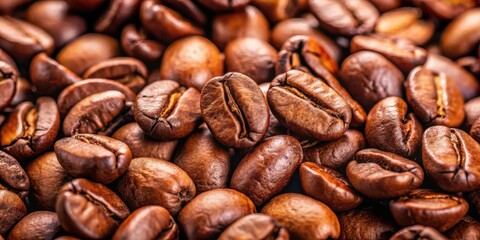 Naklejka premium Close-up of freshly roasted coffee beans with a warm and rich aroma