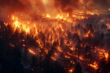 Fototapeta premium An Eerie Glow Amidst the Pines, A Dance of Flames Under a Twilight Sky. The Forest’s Fiery Demise at Dusk.