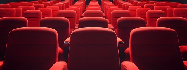 Obraz premium Red cinema or theater seats with armrests arranged in rows for watching movies. The movie screen is obscured from view, without people