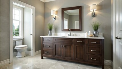 Bright and clean bathroom interior featuring an espresso vanity cabinet