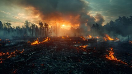 Fiery twilight beneath threatening skies, Wildfire and smoke's devastating dance.