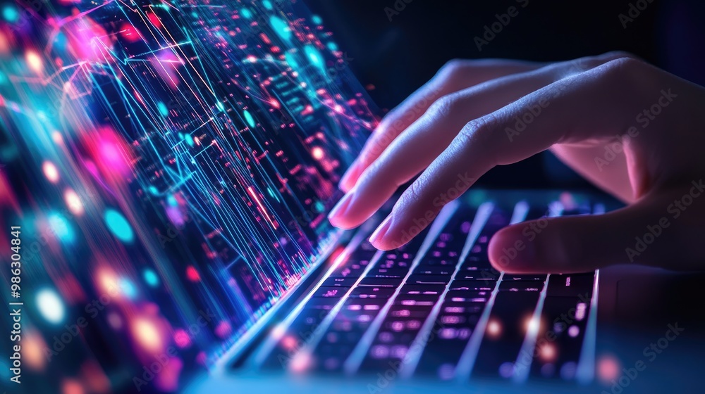 Poster a close-up of a hand typing on a laptop keyboard with an abstract digital background, featuring glow
