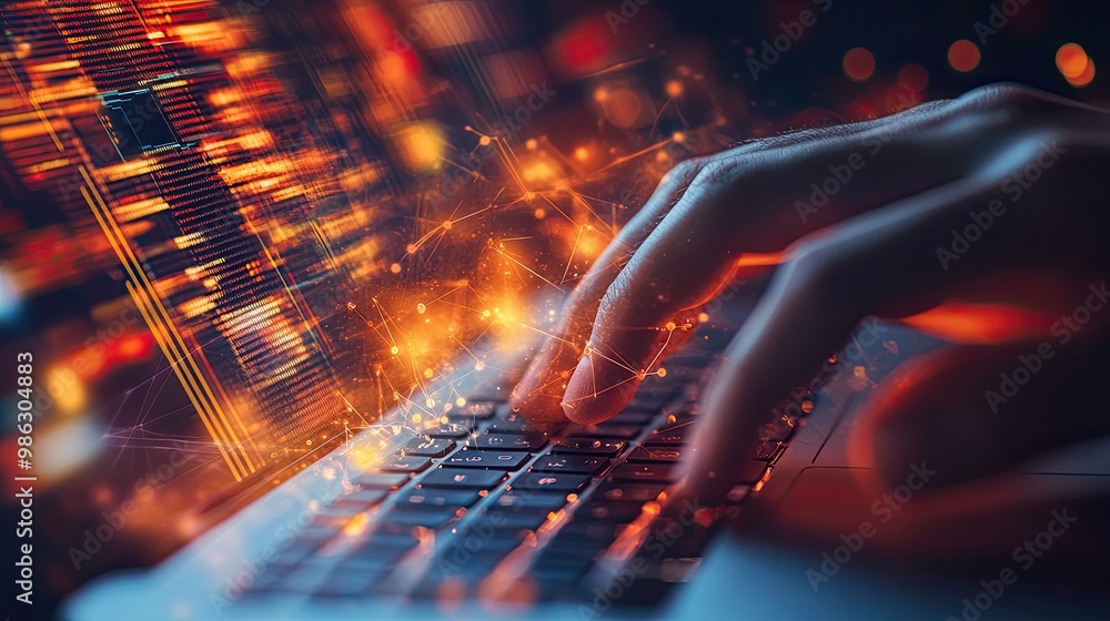 Poster a close-up of a hand typing on a laptop keyboard with an abstract digital background, featuring glow