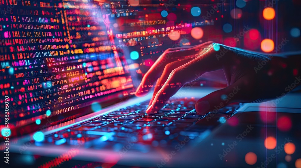 Poster a dynamic shot of a hand on a laptop keyboard, with an abstract digital background of neon lights an
