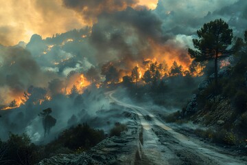 Fototapeta premium Fiery twilight beneath threatening skies, Wildfire and smoke's devastating dance.