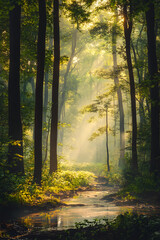 A Morning in the Enchanted Forest - The Serene Beauty of Sun-kissed Woodlands at Dawn