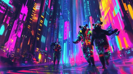 A colorful cityscape with three people in space suits walking down a street