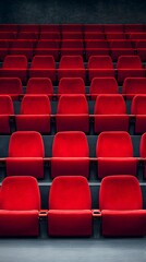 Obraz premium Red cinema or theater seats with armrests arranged in rows for watching movies. The movie screen is obscured from view, without people