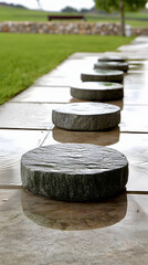 Naklejka premium Circular stepping stones create a winding path through a green garden after a light rain, enhancing outdoor ambiance and tranquility