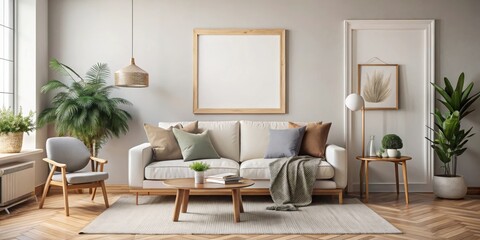Fototapeta premium render of a mockup frame in a cozy Scandinavian living room interior