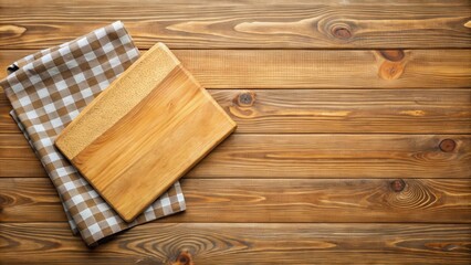 Fototapeta premium Empty wooden cutting board with a kitchen cloth wrapped around it