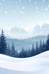 Fototapeta premium Winter wonderland scene and landscape. A snowy mountain range with dense forest of pine trees.