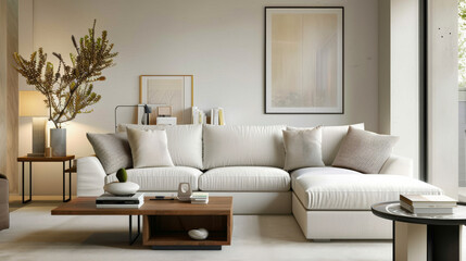 Cozy living room with sectional sofa in light tones, featuring decorative pillows and stylish coffee table. serene atmosphere invites relaxation and comfort
