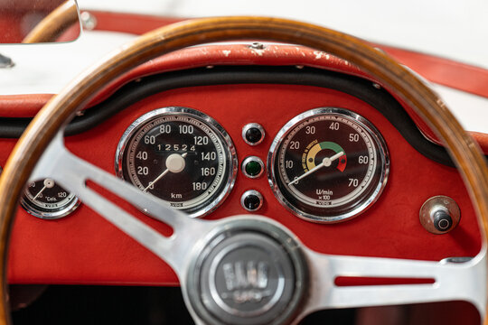 Trollh?ttan, Sweden - June 28 2024: Interior of 1956 Saab Super Sonett.