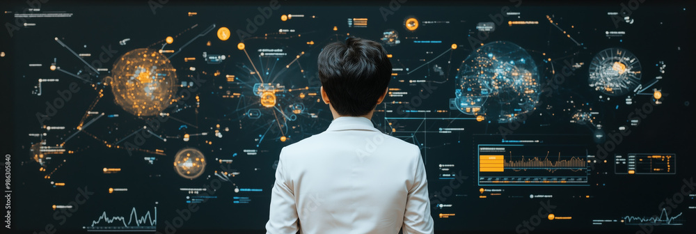 Poster innovative analyst observing digital data visualizations and analytics