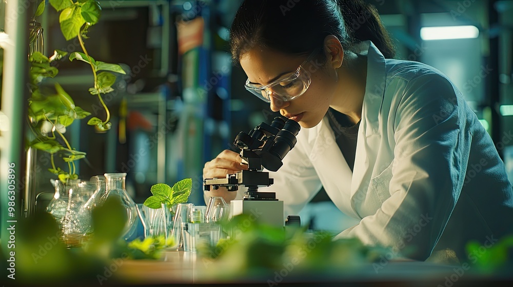 Poster a biologist examining a leaf under a microscope, surrounded by biological samples in a modern lab se