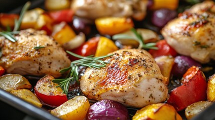 Savory roasted chicken with vibrant vegetables prepared on a baking tray in a cozy kitchen setting