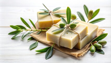 Handmade natural olive oil soap bars and leaves isolated on background
