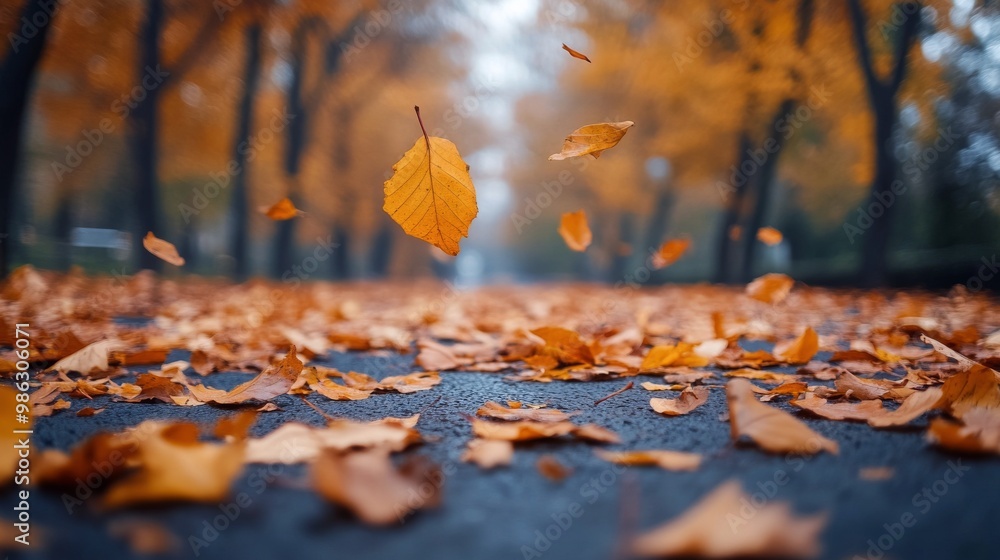 Wall mural colorful autumn leaves falling on a quiet street during a serene afternoon in the park