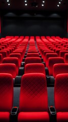 Obraz premium Red cinema or theater seats with armrests arranged in rows for watching movies. The movie screen is obscured from view, without people