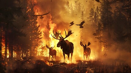 Wild deer fleeing the forest to escape the flames. Fiery destruction of the forest at dusk.