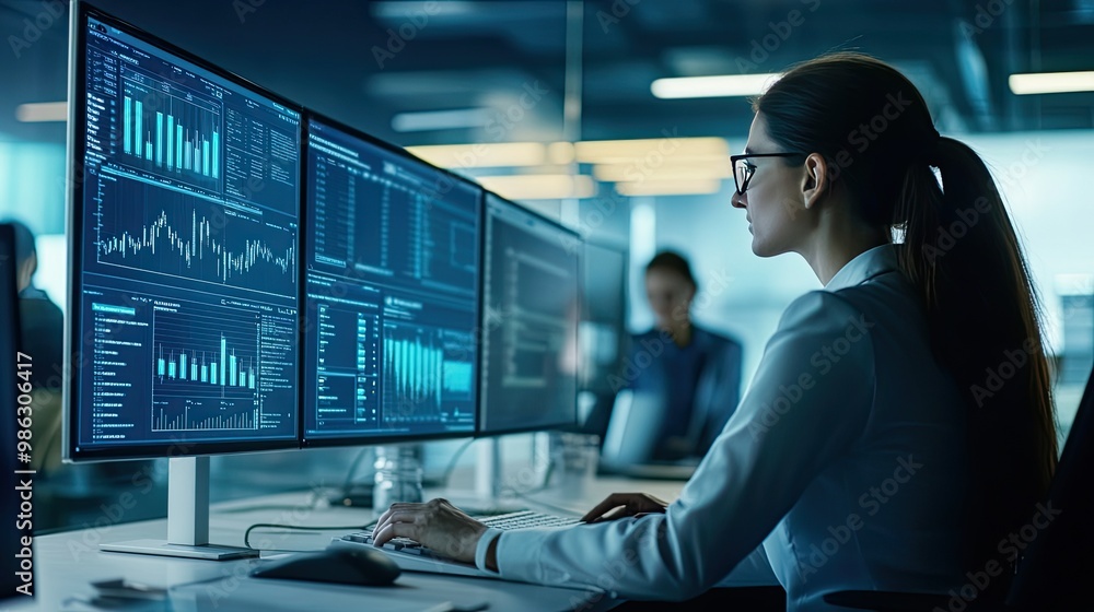 Poster a senior data scientist carefully reviews risk management reports on a digital screen, while a team 