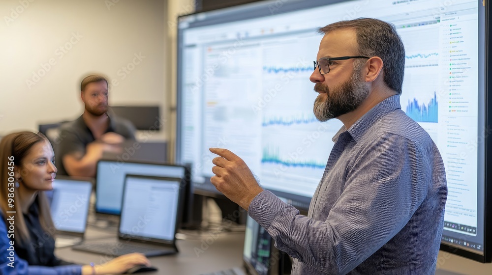 Poster a senior data scientist leads a risk management review session, analyzing data on a large screen, wi