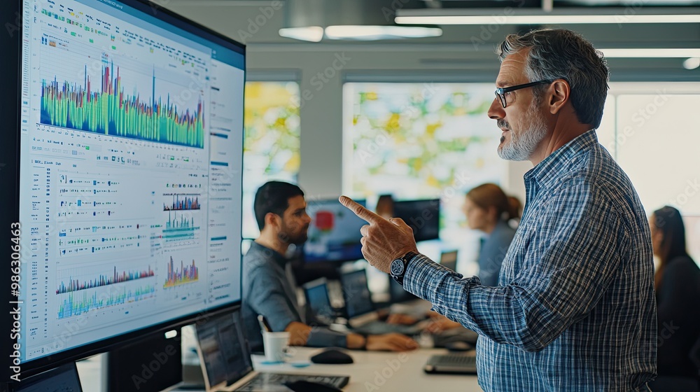 Poster a senior data scientist leads a risk management review session, analyzing data on a large screen, wi