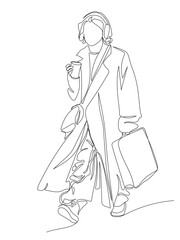 Young woman in headset and free size coat walking. Holding drink and shopping bag. Continuous line drawing. Black and white vector in line art style.
