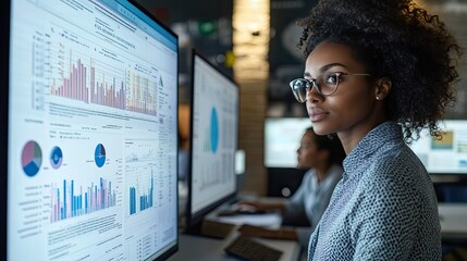 A senior data scientist reviews detailed risk management reports on a large digital screen, while diverse consulting firm employees work behind desktop computers in the background.