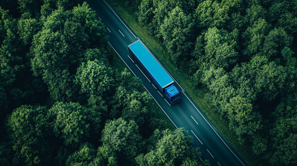 Fototapeta premium A blue truck drives along a winding road surrounded by lush green forests at midday