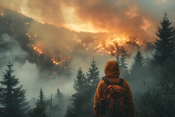 Obraz premium A Lone Observer Witnesses Nature’s Wrath Amidst a Forest Blaze