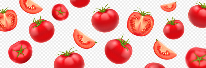 Fresh red tomatoes flying and falling on transparent background. Whole, slice and pieces of 3D realistic tomatoes banner concept. 