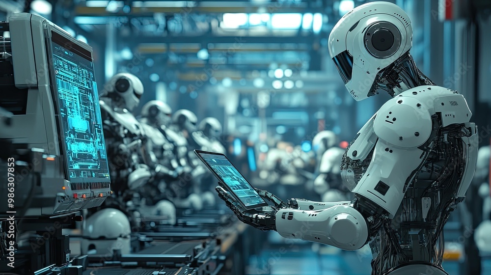Poster factory cto in a futuristic industrial setting, using a tablet to supervise the autonomous robotic a