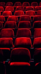 Obraz premium Red cinema or theater seats with armrests arranged in rows for watching movies. The movie screen is obscured from view, without people