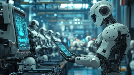 Fototapeta premium Factory CTO in a futuristic industrial setting, using a tablet to supervise the autonomous robotic assembly line, ensuring maximum production efficiency.