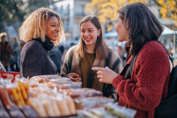 Multiracial women enjoying a local market while shopping for food, concept of community and local business support