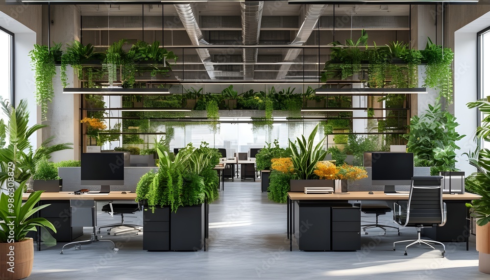 Wall mural innovative office design featuring plants and modern furniture for a productive workspace environmen