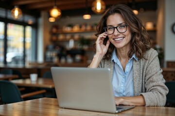 Smiling job candidate with glasses working on a laptop in a cozy café setting
