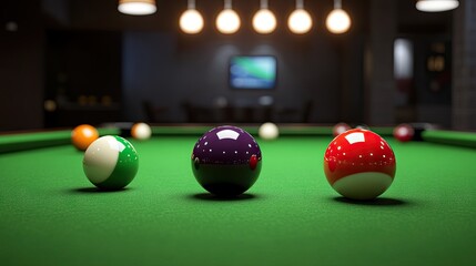 A close-up shot of a pool table during gameplay, featuring the cue ball, scattered billiard balls, and the smooth green felt surface.