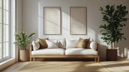 Bright and airy living room featuring a stylish sofa, indoor plants, and framed artwork on the walls